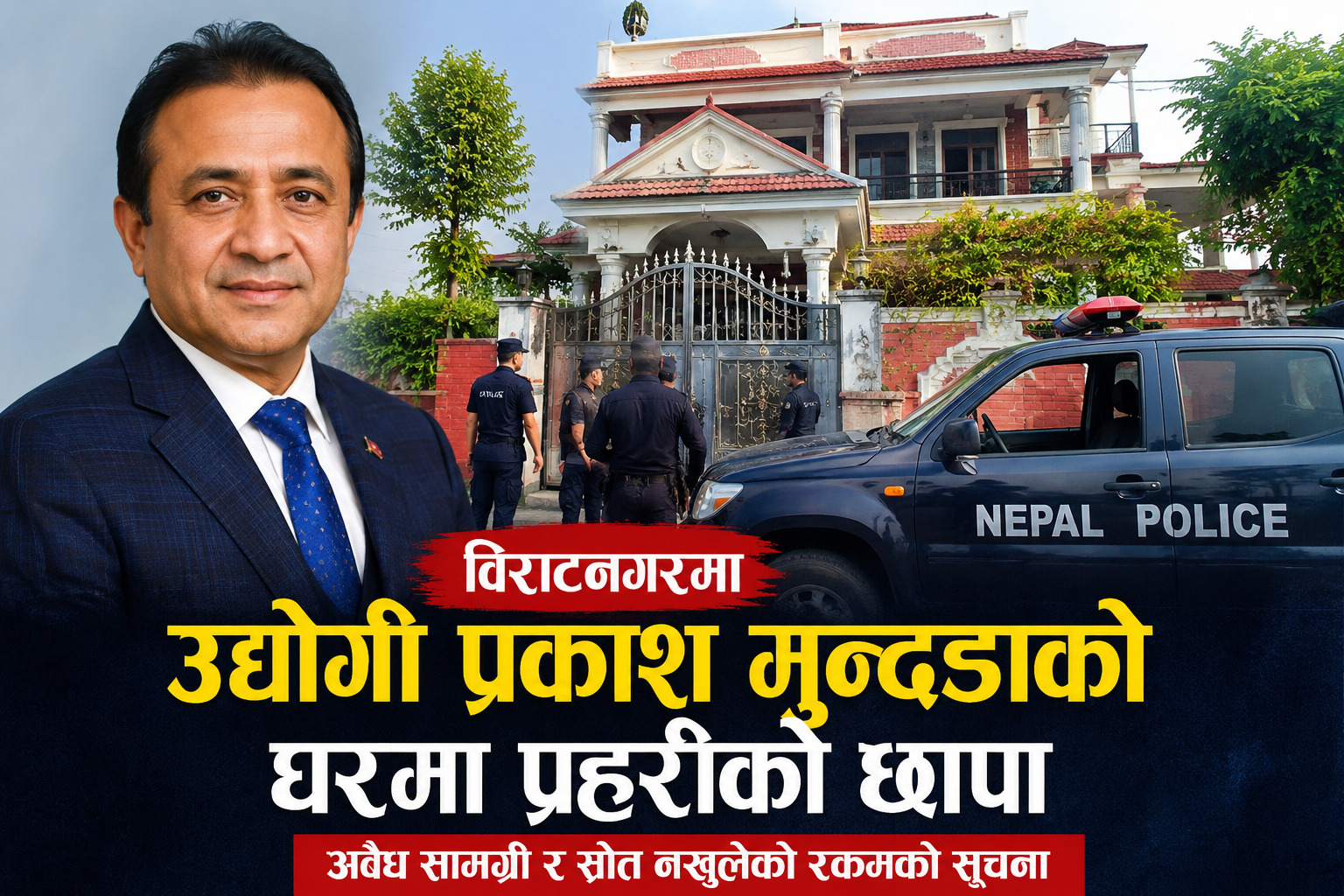 विराटनगरमा उद्योगी प्रकाश मुन्दडाको घरमा प्रहरीको छापा, घण्टौँ क्षेत्र सिल विराटनगरमा उद्योगी प्रकाश मुन्दडाको घरमा प्रहरीको छापा, घण्टौँ क्षेत्र सिल